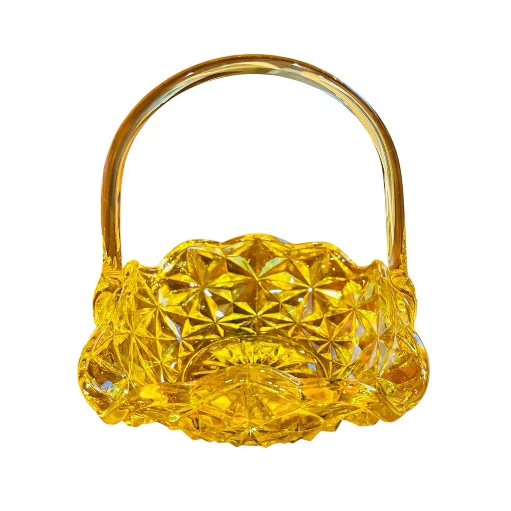 Vintage Indiana Glass Amber Daisy & Button Handled Basket Candy Dish